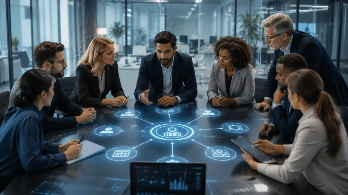 Dynamics Monk D365 implementation team collaborating on project governance, stakeholder roles, business processes, and digital transformation strategy.